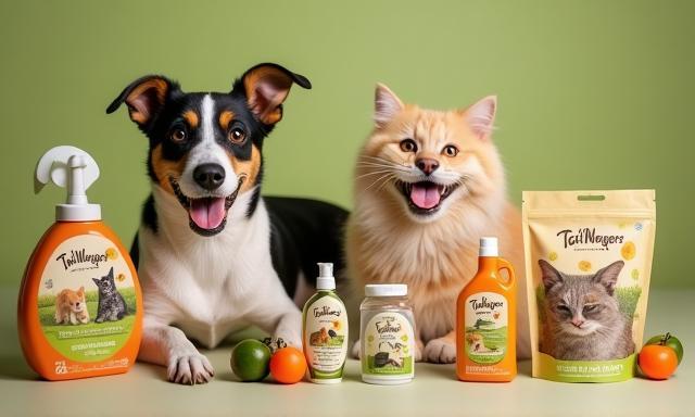 Happy dog and cat surrounded by TailWaggers products